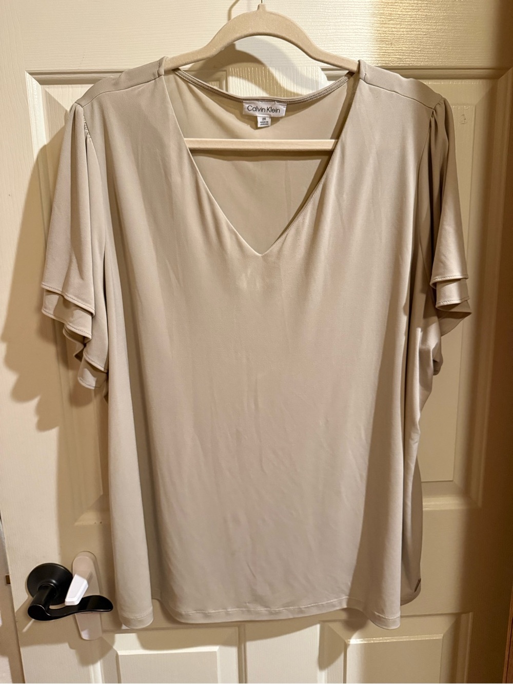 Calvin Klein Taupe V-Neck Flutter Sleeve Blouse